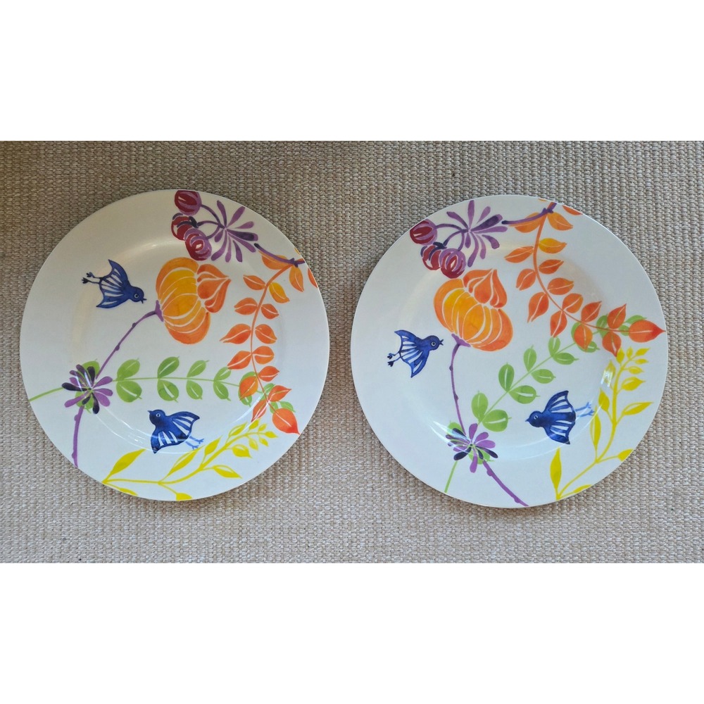 Anthropologie Far Afield Biscuit Dinner Plates Blue Bird Floral Set of 2, 10.5"